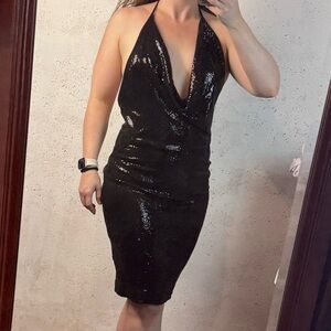 Eva Franco V-Neck Cowl Black Sequin Halter Cocktail Dress Size 6